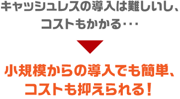キャッシュレスの導入は難しいし、コストもかかる・・・ 小規模からの導入でも簡単、コストも抑えられる!