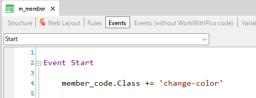 設定したクラスを「member_code」というテキストボックスにEvents上で適用